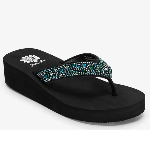 Yellow Box Africa Wedge Turquoise and Black Rhinestone Sandals - Size 6 - Picture 2 of 5